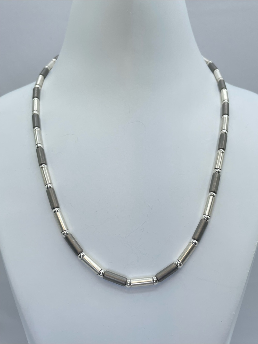 925 Sterling Silver Two Tone Tubular Beaded Necklace Modern Minimalist